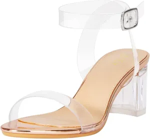 ZriEy Women's Clear Heels Strappy Chunky Block Heeled Sandals 2.2 Inch Open Toe Adjustable Ankle Strap Pump Sandals for Weddings Parties Daily Wear
