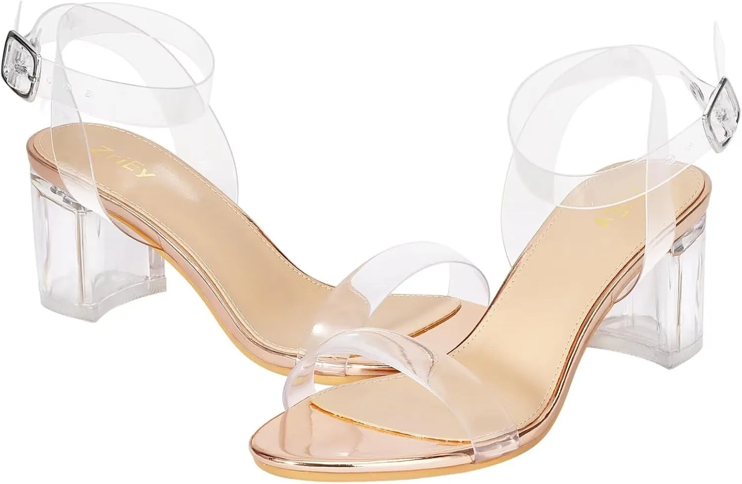 ZriEy Women's Clear Heels Strappy Chunky Block Heeled Sandals 2.2 Inch Open Toe Adjustable Ankle Strap Pump Sandals for Weddings Parties Daily Wear