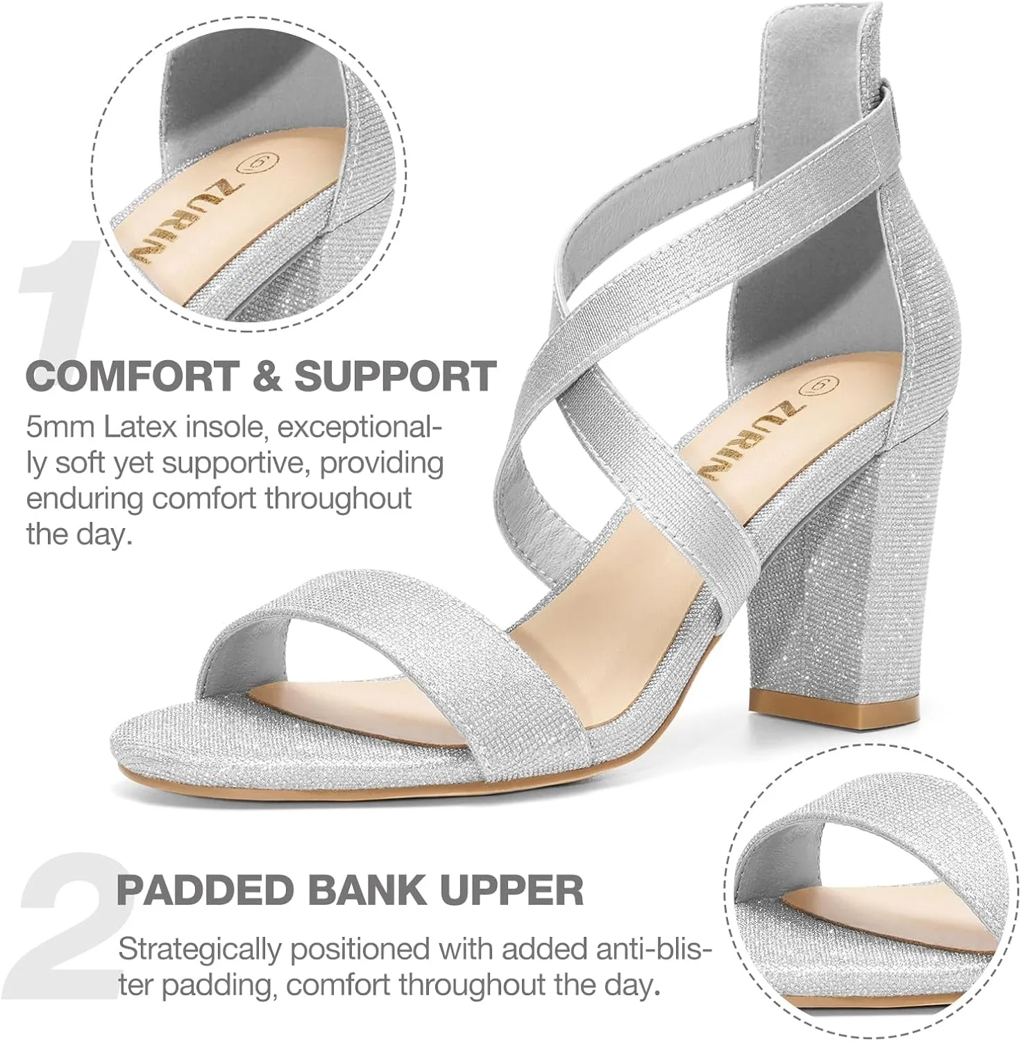 ZURIN Women's Strappy Block Heels Chunky High Heels Sandals Open Toe Ankle Strap Pumps Dress Shoes for Wedding Bridal Evening Party Prom