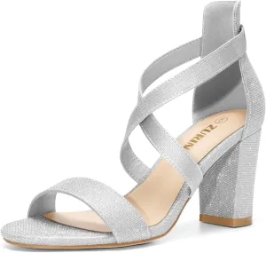 ZURIN Women's Strappy Block Heels Chunky High Heels Sandals Open Toe Ankle Strap Pumps Dress Shoes for Wedding Bridal Evening Party Prom