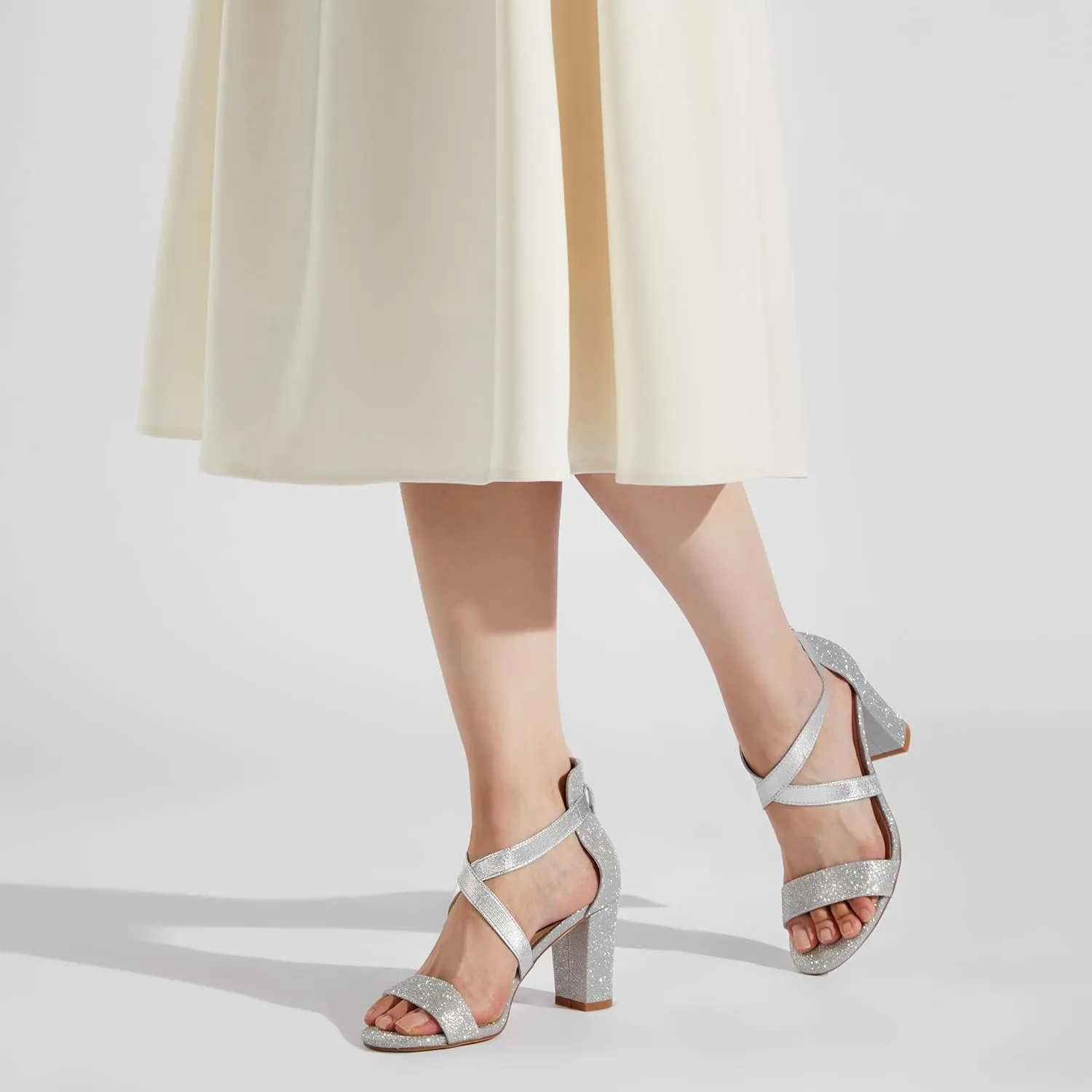 ZURIN Women's Strappy Block Heels Chunky High Heels Sandals Open Toe Ankle Strap Pumps Dress Shoes for Wedding Bridal Evening Party Prom