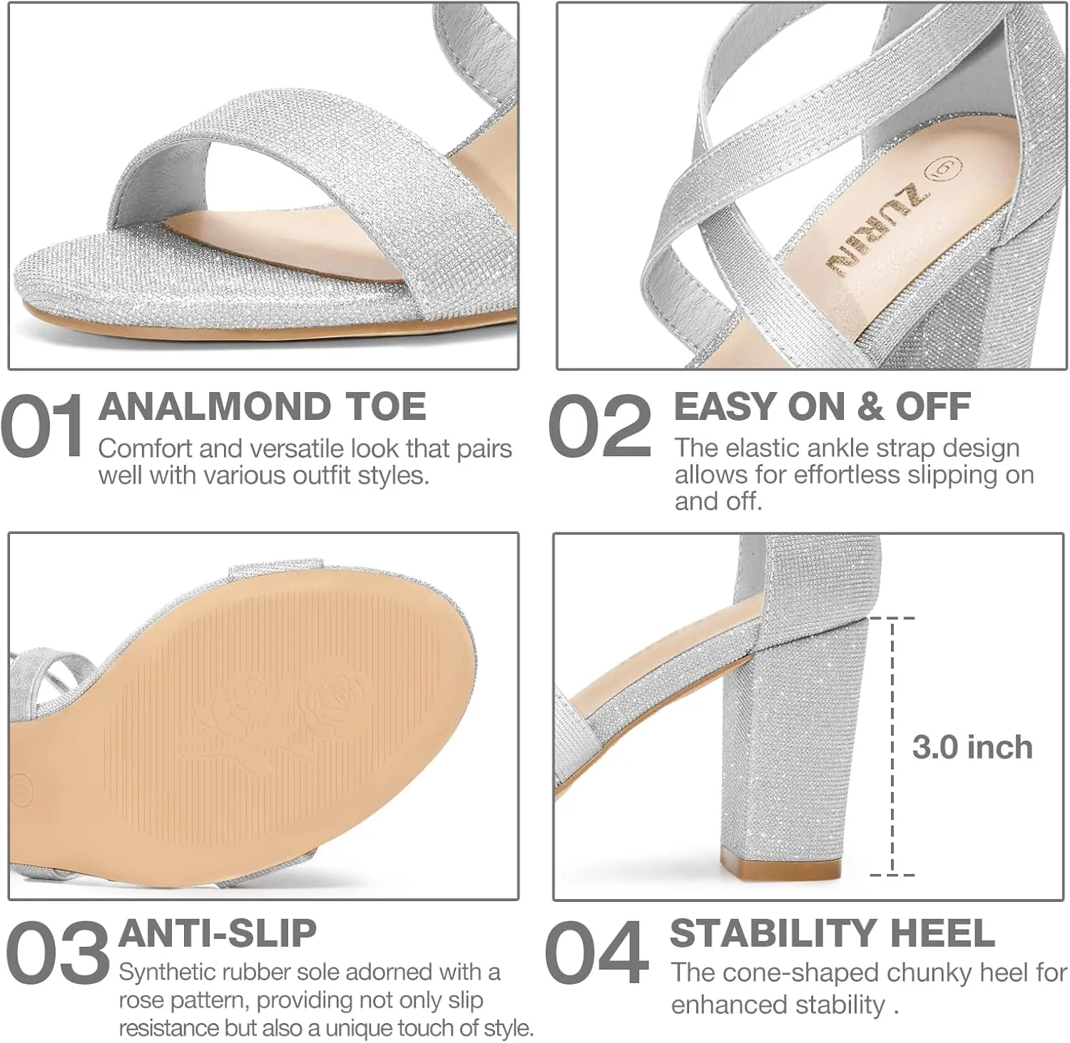 ZURIN Women's Strappy Block Heels Chunky High Heels Sandals Open Toe Ankle Strap Pumps Dress Shoes for Wedding Bridal Evening Party Prom