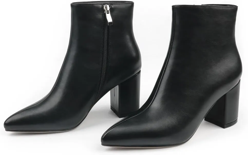 Zzheels Women's Stylish Ankle Boots Classic Zipper Block Heels Pointed Toe Boots for Daliy Wear