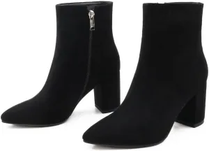 Zzheels Women's Stylish Ankle Boots Classic Zipper Block Heels Pointed Toe Boots for Daliy Wear