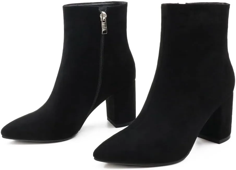 Zzheels Women's Stylish Ankle Boots Classic Zipper Block Heels Pointed Toe Boots for Daliy Wear
